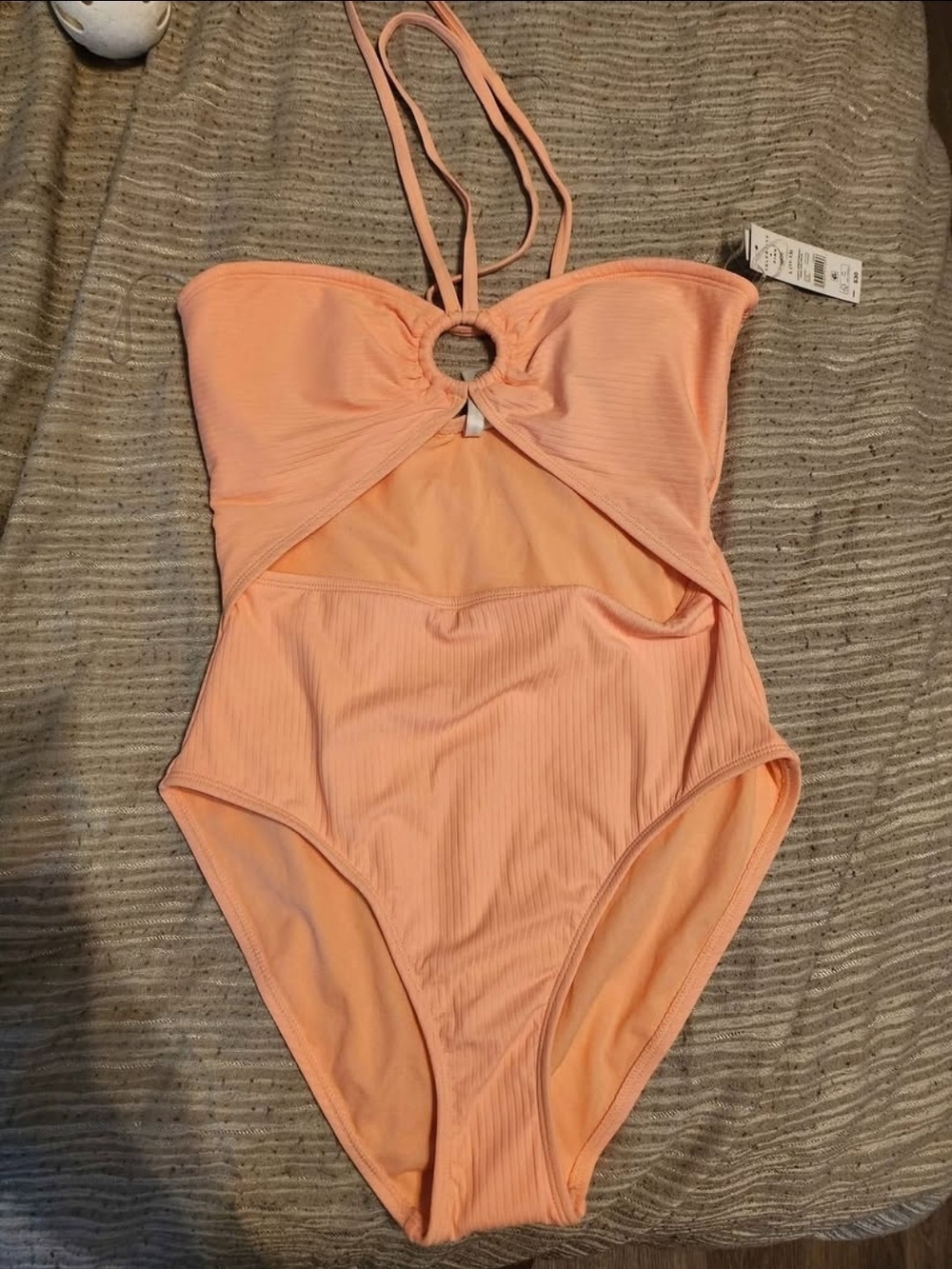 Celebrity Pink Peach Ribbed One-Piece Swimsuit with Front Ring